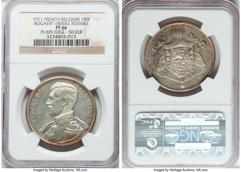 Albert I silver Proof Restrike 100 Francs 1911 PR66 NGC, Bogaert-1805B2. Plain e...