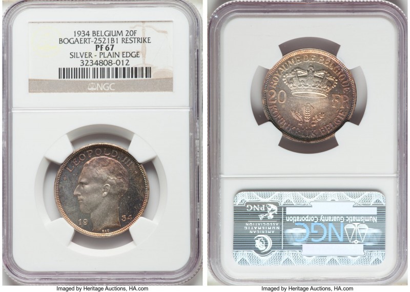 Leopold III silver Proof Restrike 20 Francs 1934 PR67 NGC, Bogaert-2521B1. Plain...