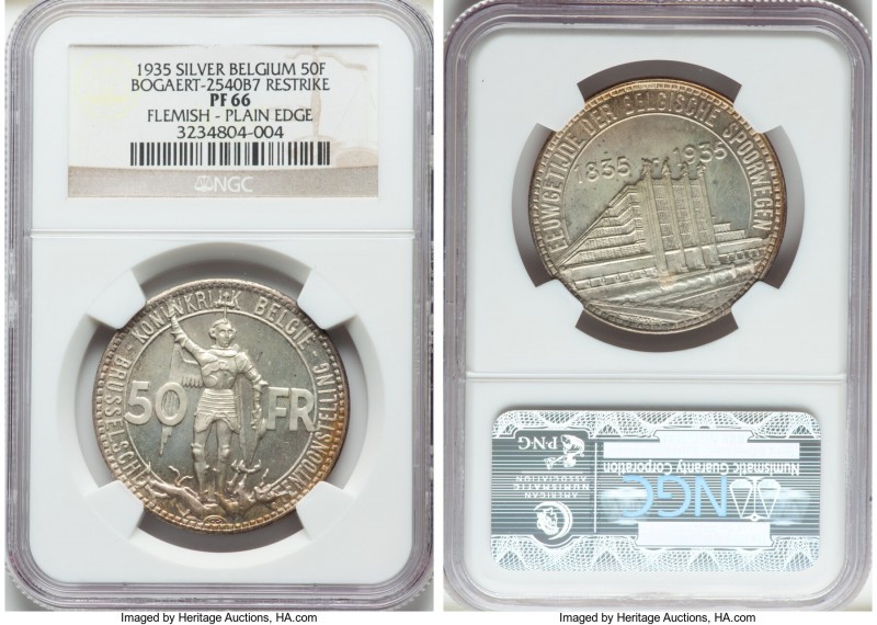 Leopold III silver Proof Restrike 50 Francs 1935 PR66 NGC, Bogaert-2540B7. Plain...