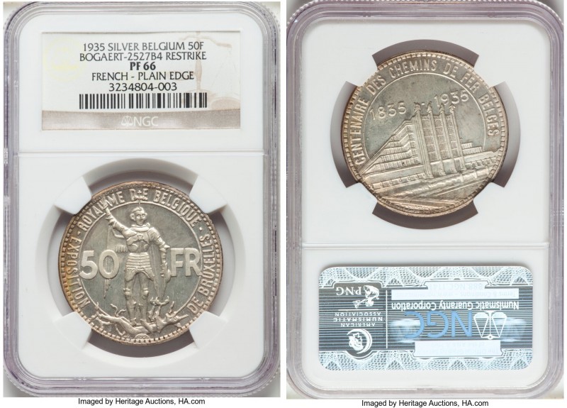 Leopold III silver Proof Restrike 50 Francs 1935 PR66 NGC, Bogaert-2527B4. Plain...