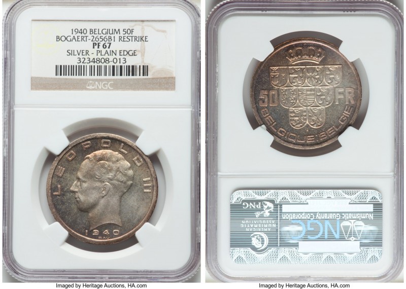 Leopold III silver Proof Restrike 50 Francs 1940 PR67 NGC, Bogaert-2656B1. Plain...