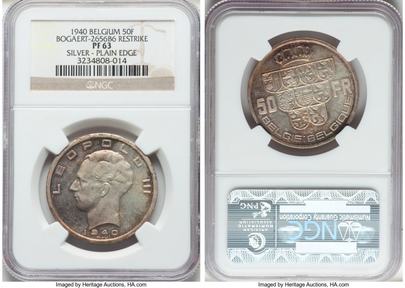 Leopold III silver Proof Restrike 50 Francs 1940 PR63 NGC, Bogaert-2656B6. Plain...