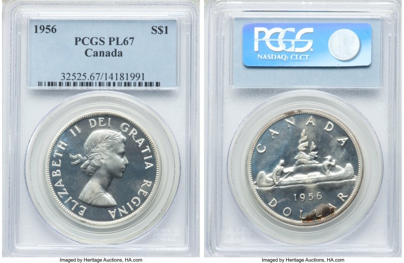 Elizabeth II Prooflike Dollar 1956 PL67 PCGS, Royal Canadian mint, KM54. A brill...
