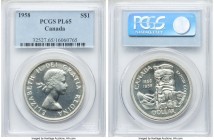 Elizabeth II Prooflike Dollar 1958 PL65 PCGS, Royal Canadian mint, KM55. Revealing glistening surfaces and tinged with a hint of frost over the raised...