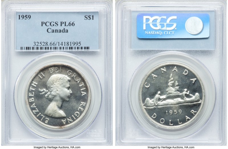 Elizabeth II Prooflike Dollar 1959 PL66 PCGS, Royal Canadian mint, KM54. Sharply...