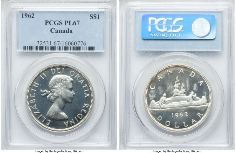 Elizabeth II Prooflike Dollar 1962 PL67 PCGS, Royal Canadian mint, KM54. Tied fo...