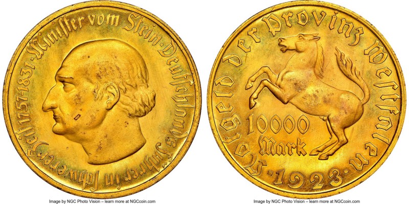 Westphalia gilt-bronze Notgeld 10000 Mark 1923 MS66 NGC, Lamb-579.7. A highly at...