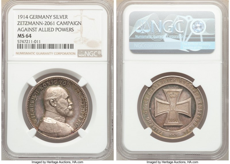Württemberg. Wilhelm II silver "Campaign Against Allied Powers" Medal 1914 MS64 ...