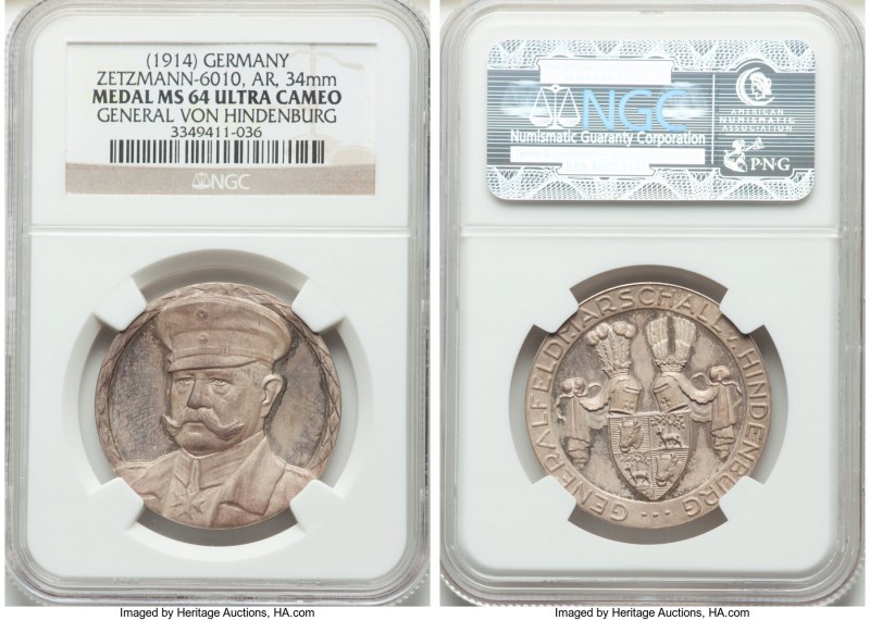 "General von Hindenburg" silver Medal ND (1914) MS64 Ultra Cameo NGC, Zetzmann-6...