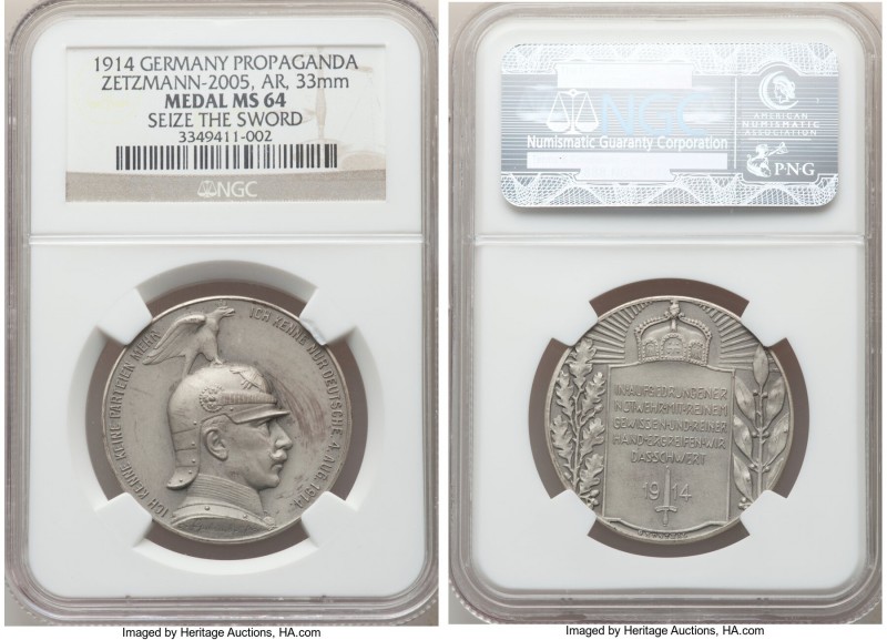 Wilhem II silver "Propaganda" Medal 1914 MS64 NGC, Zetzmann-2005. 33mm. Struck f...