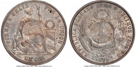 Republic Counterstamped Peso 1894 AU Details (Obverse Scratched) NGC, KM224. C/S (UNC Standard). Countermarked upon a Peru Sol dated 1871-YJ. Finely s...