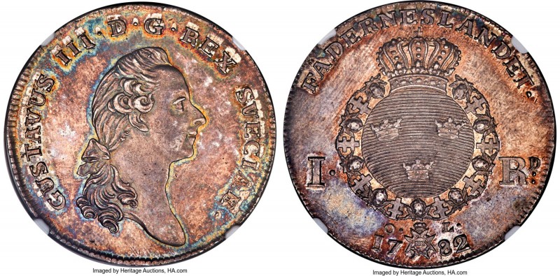 Gustaf III Riksdaler 1782-OL MS63+ NGC, KM527, Dav-1736. Fully struck, with shim...