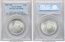 Oscar II 2 Kronor 1897-EB MS65 PCGS, KM762. Struck for the 25th anniversary of Oscar II's reign. A beaming selection demonstrating rolling cartwheel l...