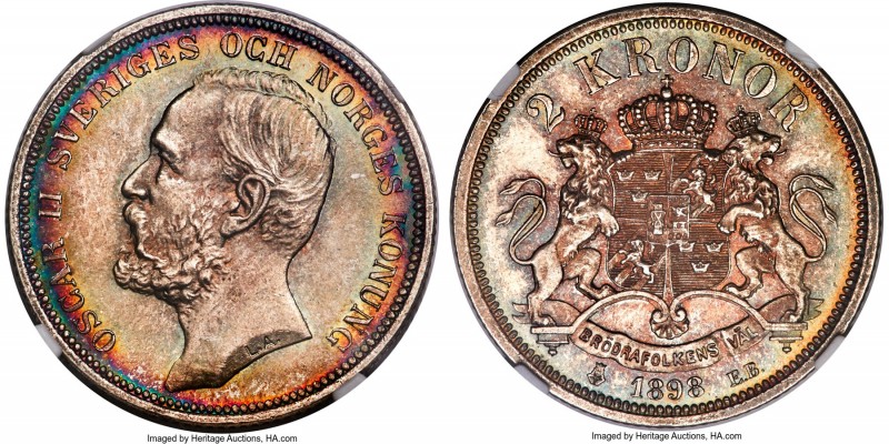 Oscar II 2 Kronor 1898-EB MS64 S NGC, Stockholm mint, KM761. A striking near-gem...