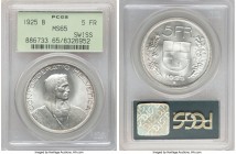 Confederation 5 Francs 1925-B MS65 PCGS, Bern mint, KM38. Entirely tone-free and positively brilliant with mint luster. 

HID09801242017

© 2020 Herit...