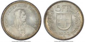 Confederation 5 Francs 1935-B MS67 PCGS, Bern mint, KM40. Bordering on flawless, a snowy white patina over the surfaces evolving to a framing golden t...