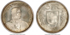 Confederation 5 Francs 1951-B MS65 PCGS, Bern mint, KM40. A beautiful coin that exists nearly free of obtrusive marks, and quite nearly finer than the...