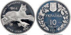 Republic Proof "Lynx" 10 Hryven 2001 PR69 Ultra Cameo NGC, KM115. Attractively mirrored with a sharp cameo contrast. From a mintage of 6,000 pieces.

...