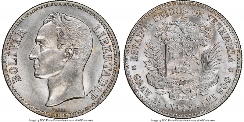 Republic 5 Bolivares 1935 MS63 NGC, Philadelphia mint, KM-Y24.2. Highly satiny, ...