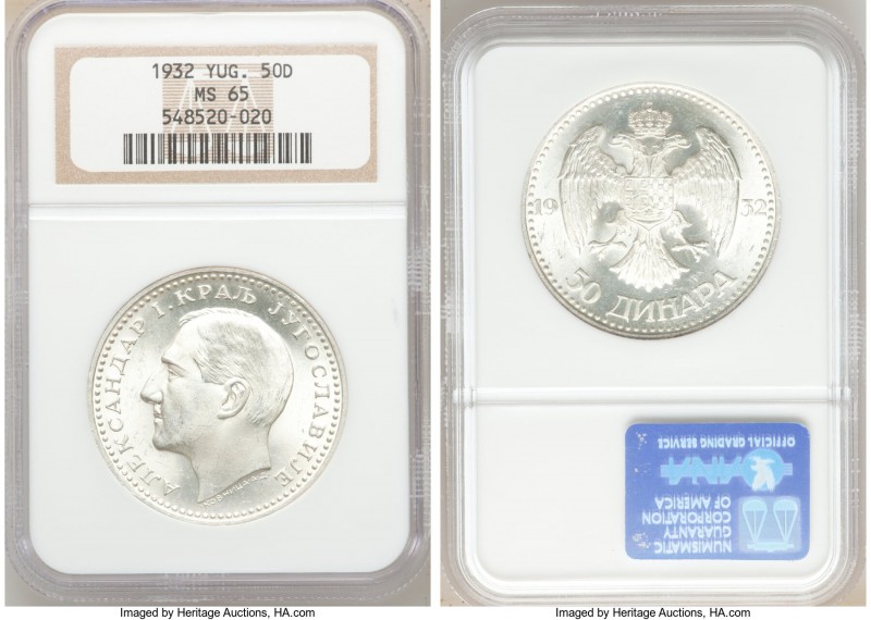 Alexander I 50 Dinara 1932 MS65 NGC, Belgrade mint, KM16. Decorated in mint fros...