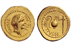 Imperatorial Issues 
 Julius Caesar and A. Hirtius Praetor. Aureus 46, AV 7.99 g. C CAESAR – COS TER Veiled female head r. (Vesta ?). Rev. A HIRTIVS ...