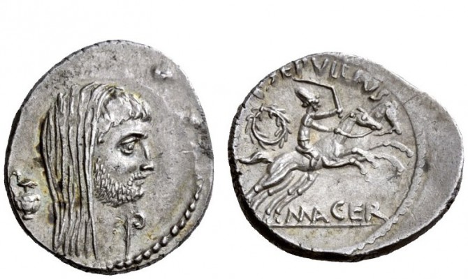 Imperatorial Issues 
 P. Sepullius Macer. Denarius April-May 44, AR 4.00 g. Bea...