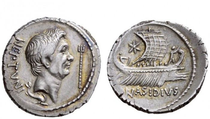 Imperatorial Issues 
 Sextus Pompeius and Q. Nasidius. Denarius, mint moving wi...