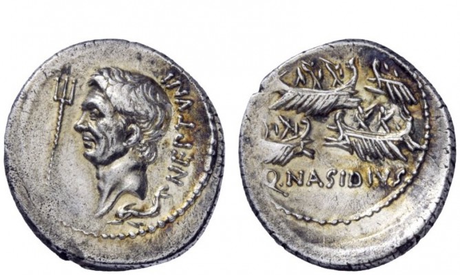 Imperatorial Issues 
 Sextus Pompeius and Q. Nasidius. Denarius, mint moving wi...