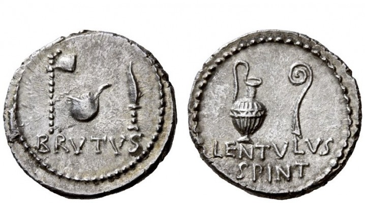 Imperatorial Issues 
 C. Cassius and Brutus with Lentulus Spint. Denarius, mint...