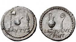 Imperatorial Issues 
 C. Cassius and Brutus with Lentulus Spint. Denarius, mint moving with Brutus and Cassius 43-42, AR 3.63 g. BRVTVS Simpulum betw...
