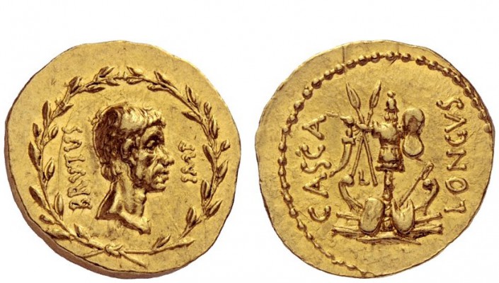 Imperatorial Issues 
 M. Iunius Brutus with Casca Longus. Aureus, mint moving w...
