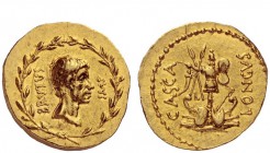 Imperatorial Issues 
 M. Iunius Brutus with Casca Longus. Aureus, mint moving with Brutus in the East 43-42, AV 8.07 g. BRVTVS – IMP Bare head of Bru...