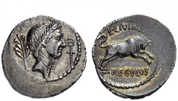 Imperatorial Issues 
 L. Livineius Regulus. Denarius 42, AR 3.08 g. Laureate he...