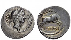 Imperatorial Issues 
 L. Livineius Regulus. Denarius 42, AR 3.08 g. Laureate head of Caesar r.; behind, laurel branch and before, caduceus. Rev. L·LI...