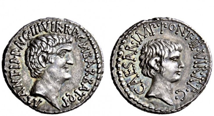 Imperatorial Issues 
 M. Antonius and Octavian with M. Barbatius Pollio. Denari...
