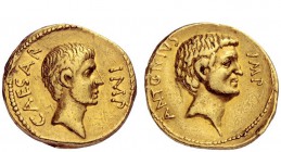 Imperatorial Issues 
 Octavianus and Marcus Antonius. Aureus, mint moving with Octavian in Central or Southern Italy circa 40- 39, AV 7.90 g. CAESAR ...