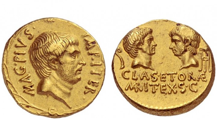 Imperatorial Issues 
 Sextus Pompeius. Aureus, Sicily 37-36, AV 8.13 g. MAG·PIV...