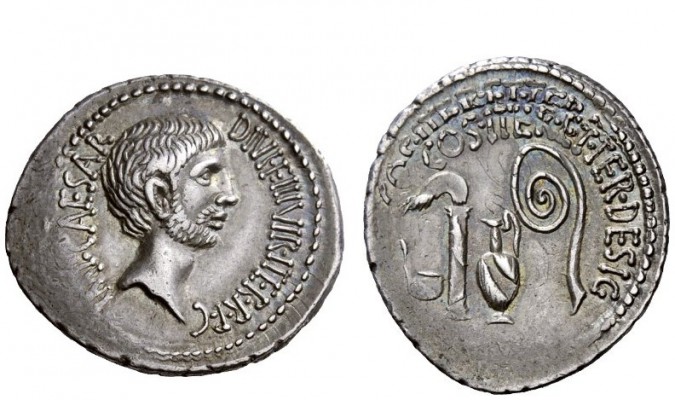 Imperatorial Issues 
 Octavianus. Denarius, mint moving with Octavian 37, AR 4....