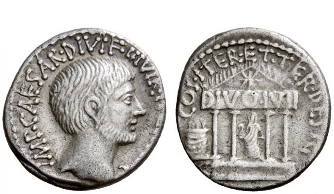 Imperatorial Issues 
 Octavianus. Denarius, mint moving with Octavian 36, AR 3....