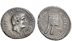 Imperatorial Issues 
 Marcus Antonius. Denarius, mint moving with M. Antony in the East 36, AR 3.76 g. [A]NTONIVS· AVGVR·COS·DES·ITER·ET·TERT Bare he...