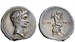The Roman Empire 
 Octavian, 32 – 27 
 Denarius, Brundisium or Roma Autumn 32-Summer 31 BC, AR 3.70 g. Bare head r. Rev. CAESAR – DIVI F Naked male ...