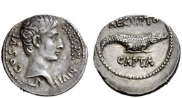 The Roman Empire 
 Issues related to the Victory in the Battle of Actium 
 Denarius, uncertain Eastern mint 28 BC, AR 3.94 g. CAESAR·DIVI F· – COS·V...