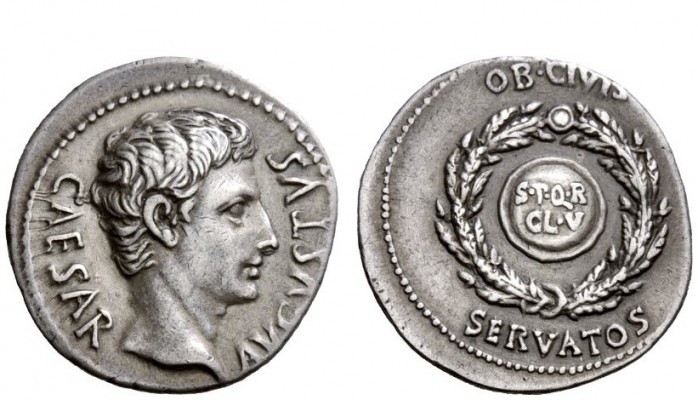 The Roman Empire 
 OB CIVIS SERVATOS – CL V – SIGNIS RECEPTIS 
 Denarius, Colo...