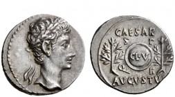 The Roman Empire 
 OB CIVIS SERVATOS – CL V – SIGNIS RECEPTIS 
 Denarius, Caesaraugusta (?) circa 19-18 BC, AR 3.99 g. Oak-wreathed head r. Rev. CAE...