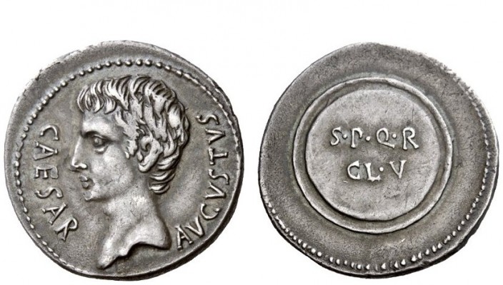 The Roman Empire 
 OB CIVIS SERVATOS – CL V – SIGNIS RECEPTIS 
 Denarius, Caes...