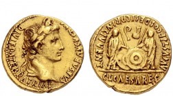 The Roman Empire 
 Dynastic Issues of Augustus 
 Aureus, Lugdunum 2 BC - 4 AD, AV 7.84 g. CAESAR AVGVSTVS – DIVI F PATER PATRIAE Laureate head r. Re...