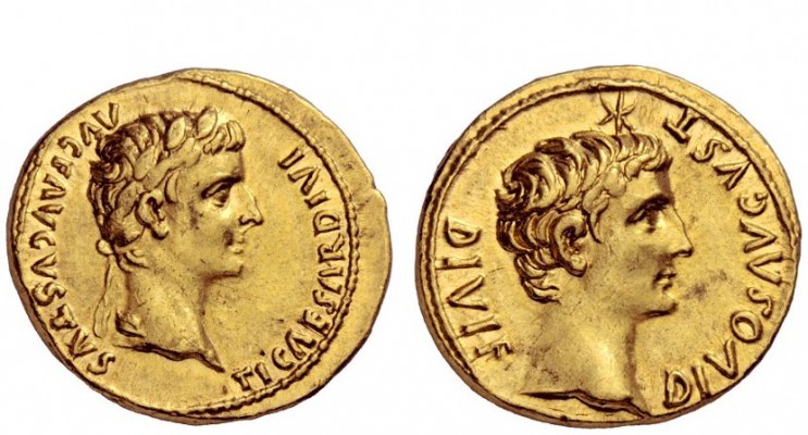 The Roman Empire 
 Tiberius augustus, 14 – 37 
 Aureus, Lugdunum 14-16, AV 7.7...