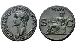 The Roman Empire 
 Gaius, 37 – 41 
 As 37-38, Æ 11.12 g. C CAESAR AVG GERMANICVS PON M TR POT Bare head l. Rev. VESTA Vesta, diademed and veiled, se...