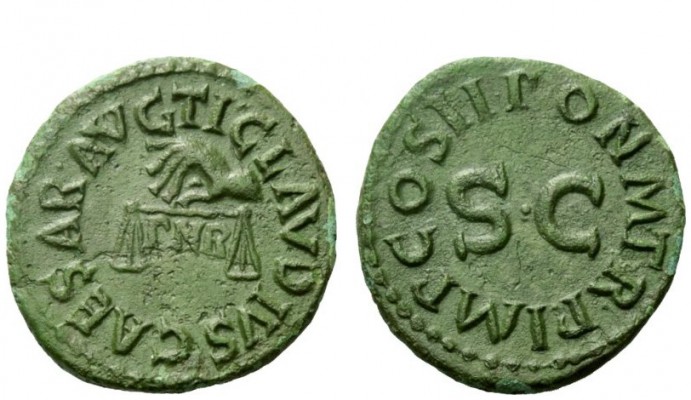 The Roman Empire 
 Claudius, 41 – 54 
 Quadrans January 42 AD, Æ 2.98 g. TI CL...