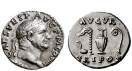 The Roman Empire 
 Vespasian, 69 – 79 
 Denarius 72-73, AR 3.30 g. CAES VESP AVG P M COS IIII Laureate head r. Rev. Simpulum , sprinkler, jug, and l...